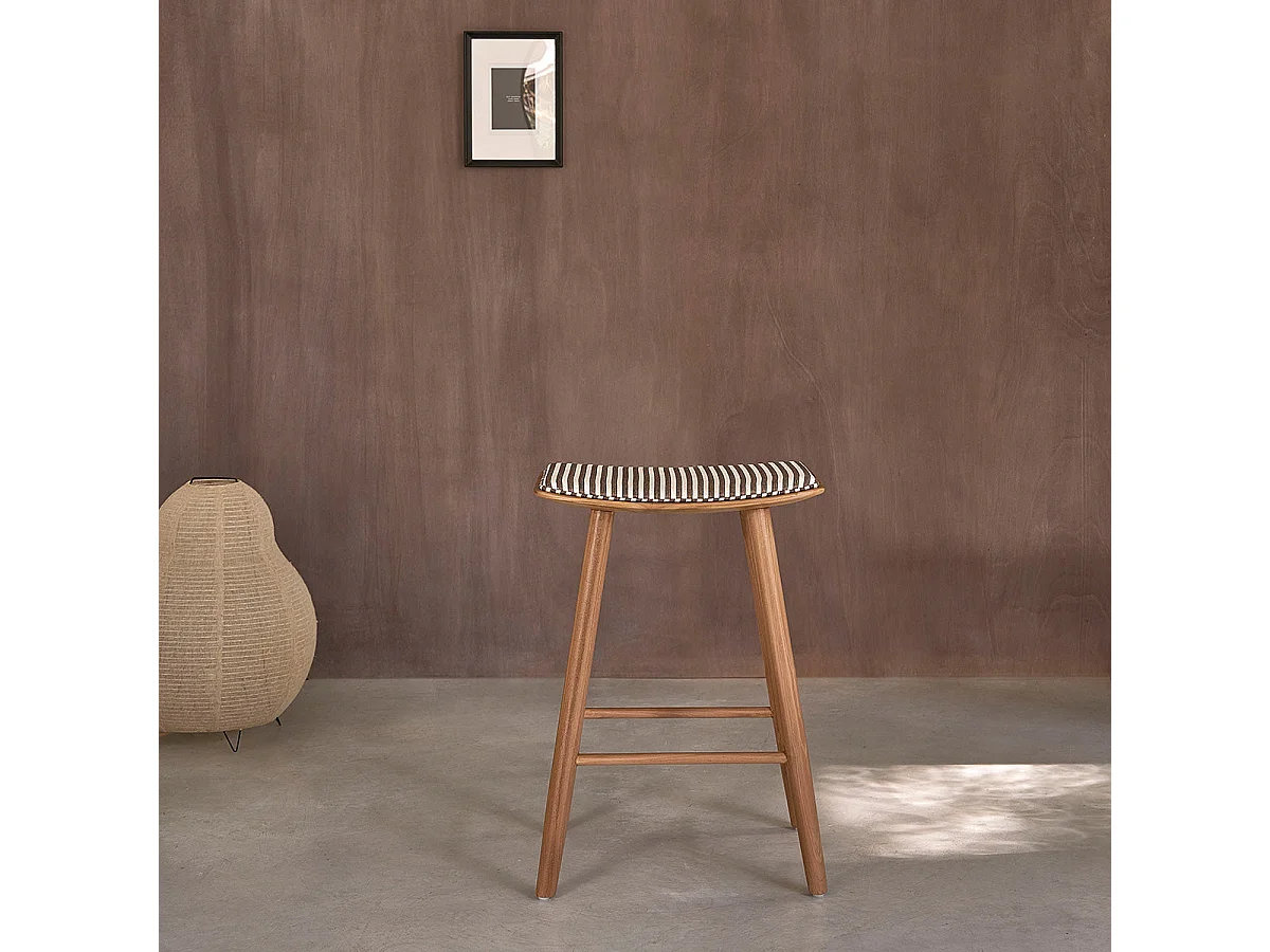 Lot de 2 tabourets en teck massif et assise à rayures 65 cm