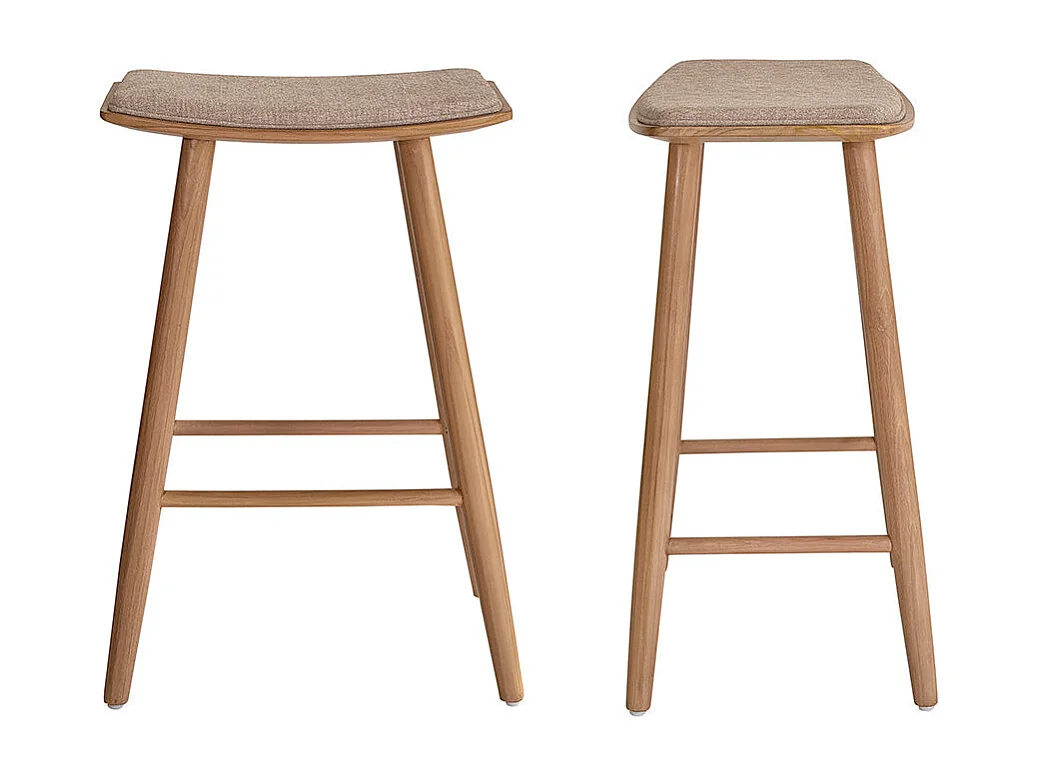 Lote de 2 taburetes de teca maciza y terciopelo color crudo 65 cm
