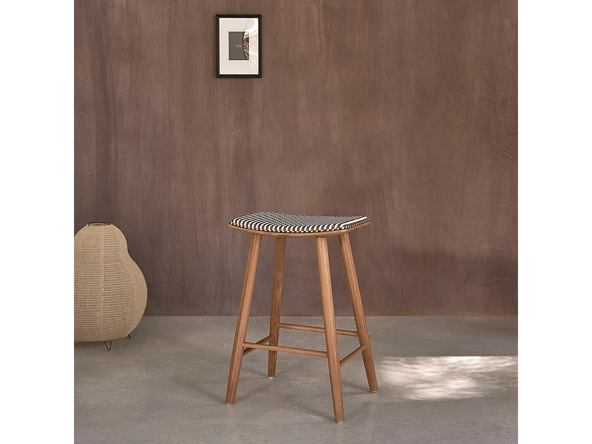 Tabouret en teck massif et assise à rayures 65 cm