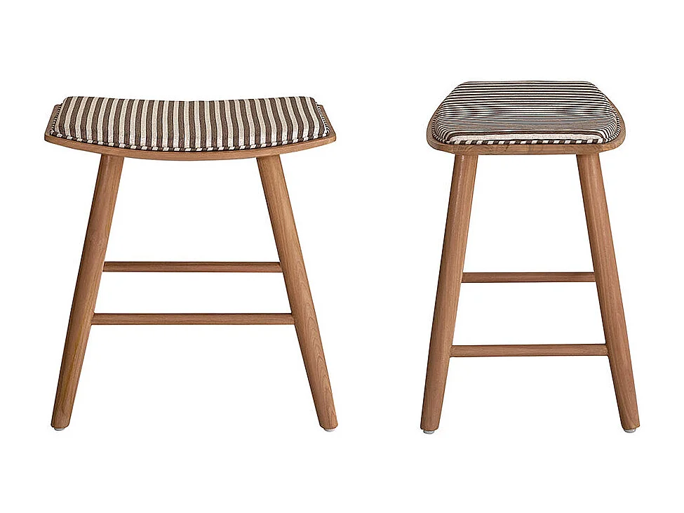 Lot de 2 tabourets en teck massif et assise à rayures 45 cm