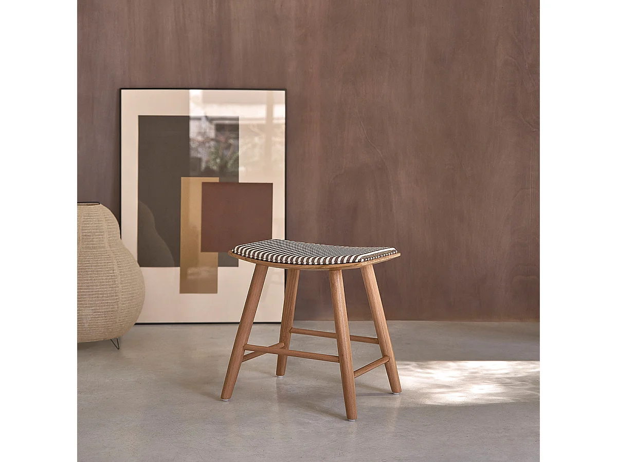 Lot de 2 tabourets en teck massif et assise à rayures 45 cm