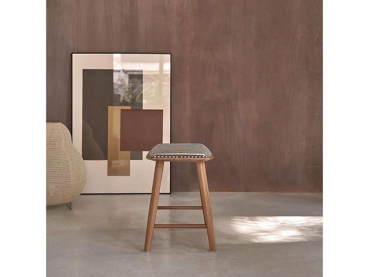 Lot de 2 tabourets en teck massif et assise à rayures 45 cm