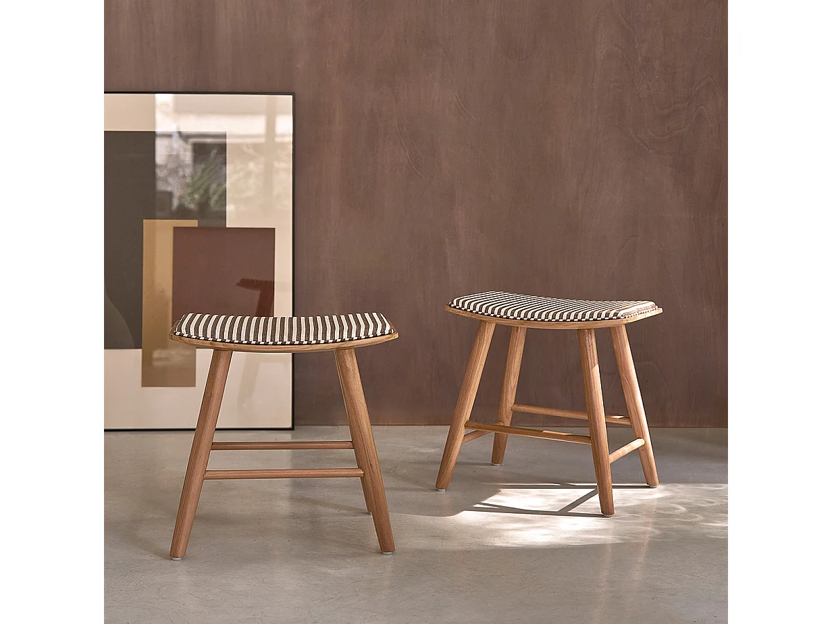 Set di 2 sgabelli in teak massello con seduta a righe 45 cm