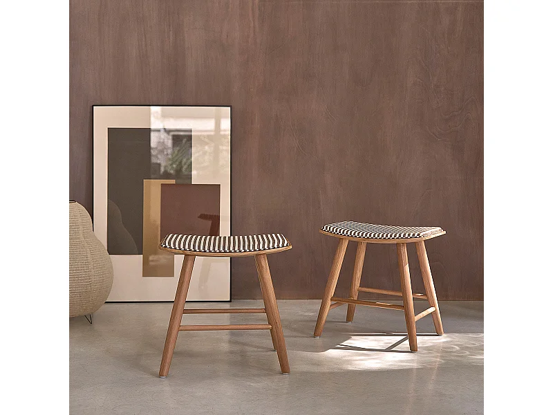 Lot de 2 tabourets en teck massif et assise à rayures 45 cm