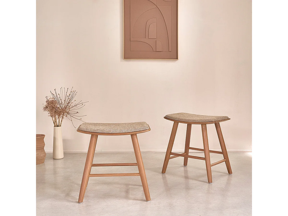 Set di 2 sgabelli in teak massello e velluto écru 45 cm