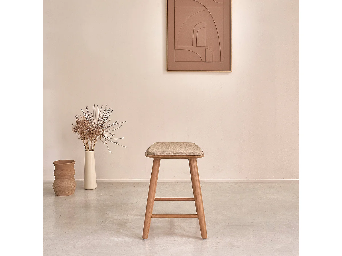 Set di 2 sgabelli in teak massello e velluto écru 45 cm