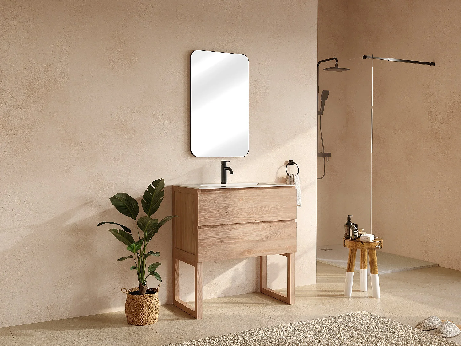 Mueble de baño de roble macizo con lavabo encastrado, grifo y espejo - Natural claro - 80 cm - TARELO