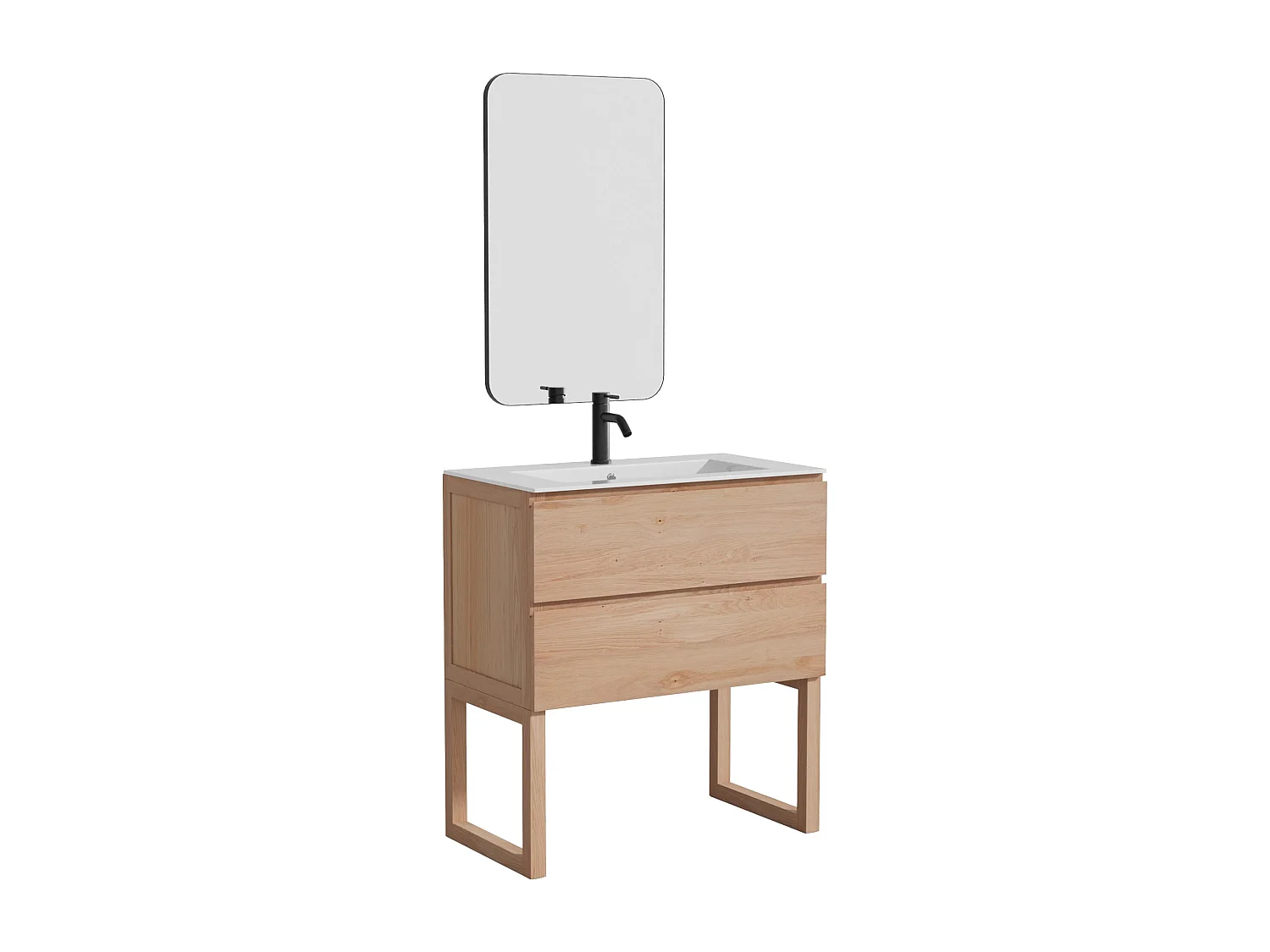 Mueble de baño de roble macizo con lavabo encastrado, grifo y espejo - Natural claro - 80 cm - TARELO