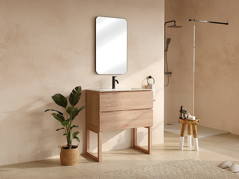 Mueble de baño de roble macizo con lavabo encastrado, grifo y espejo - Natural claro - 80 cm - TARELO