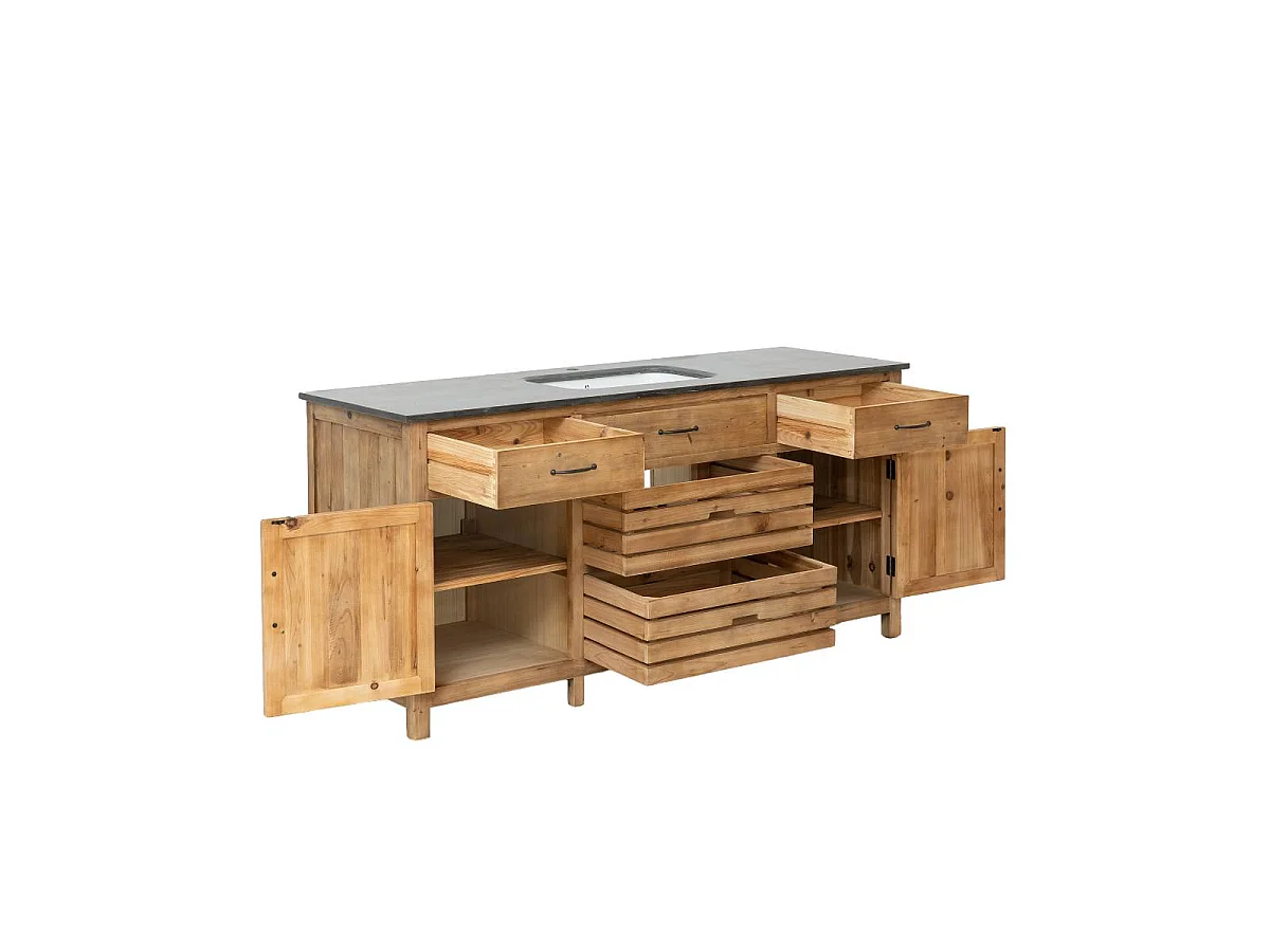 Meuble de cuisine en bois recyclé et pierre bleue Champêtre