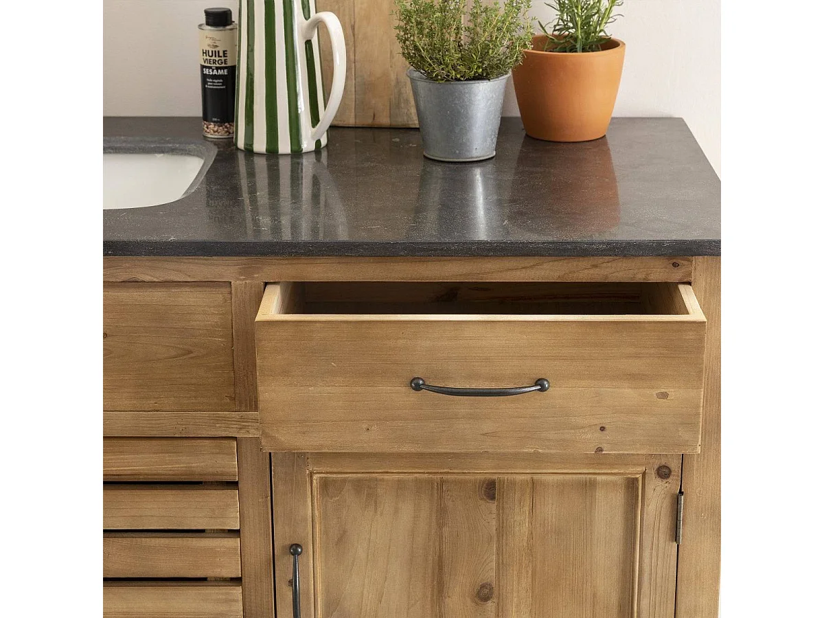 Meuble de cuisine en bois recyclé et pierre bleue Champêtre