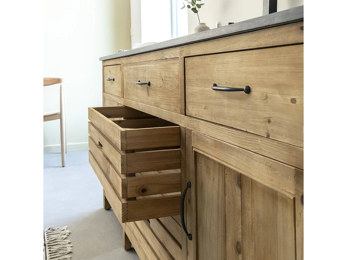 Meuble sous vasque en bois recyclé et pierre bleue Garance
