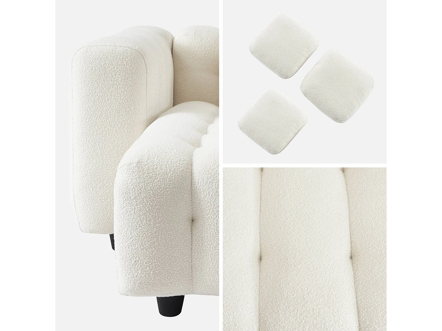 Canapé d'angle réversible 3-4 places bouclette texturée. crème. capitonné structure bois d'eucalyptus et contreplaqué