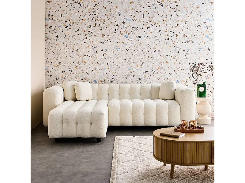 Canapé d'angle réversible 3-4 places bouclette texturée. crème. capitonné structure bois d'eucalyptus et contreplaqué