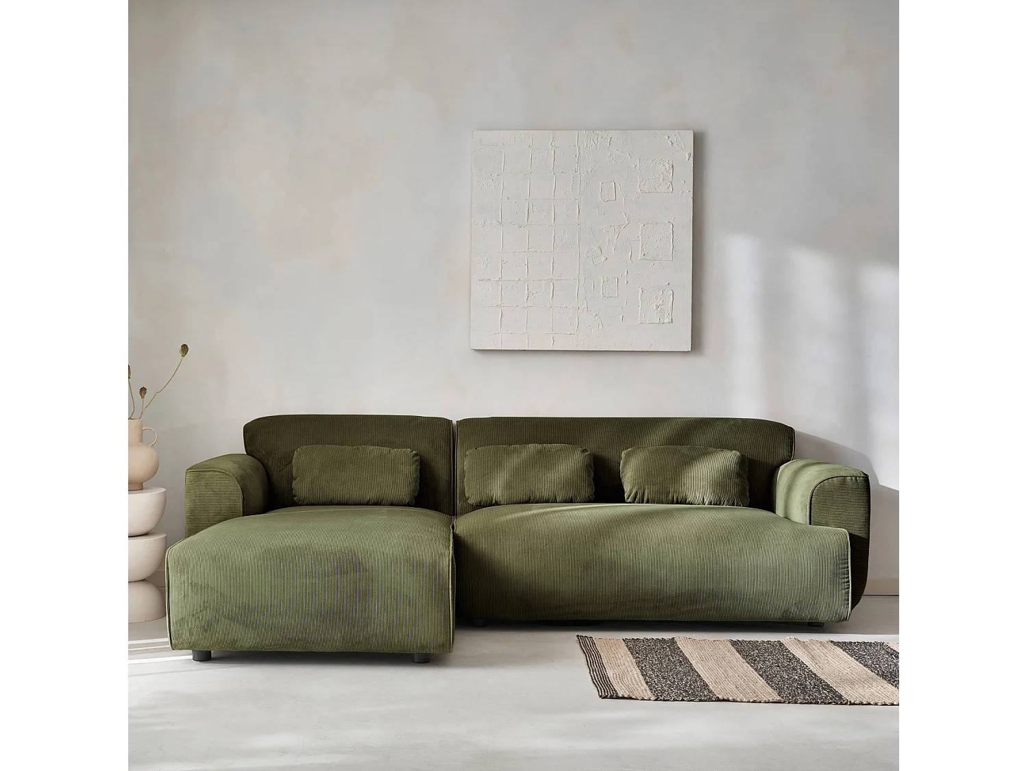 Divano angolare sinistro in velluto a coste fini, 2-3 posti, verde