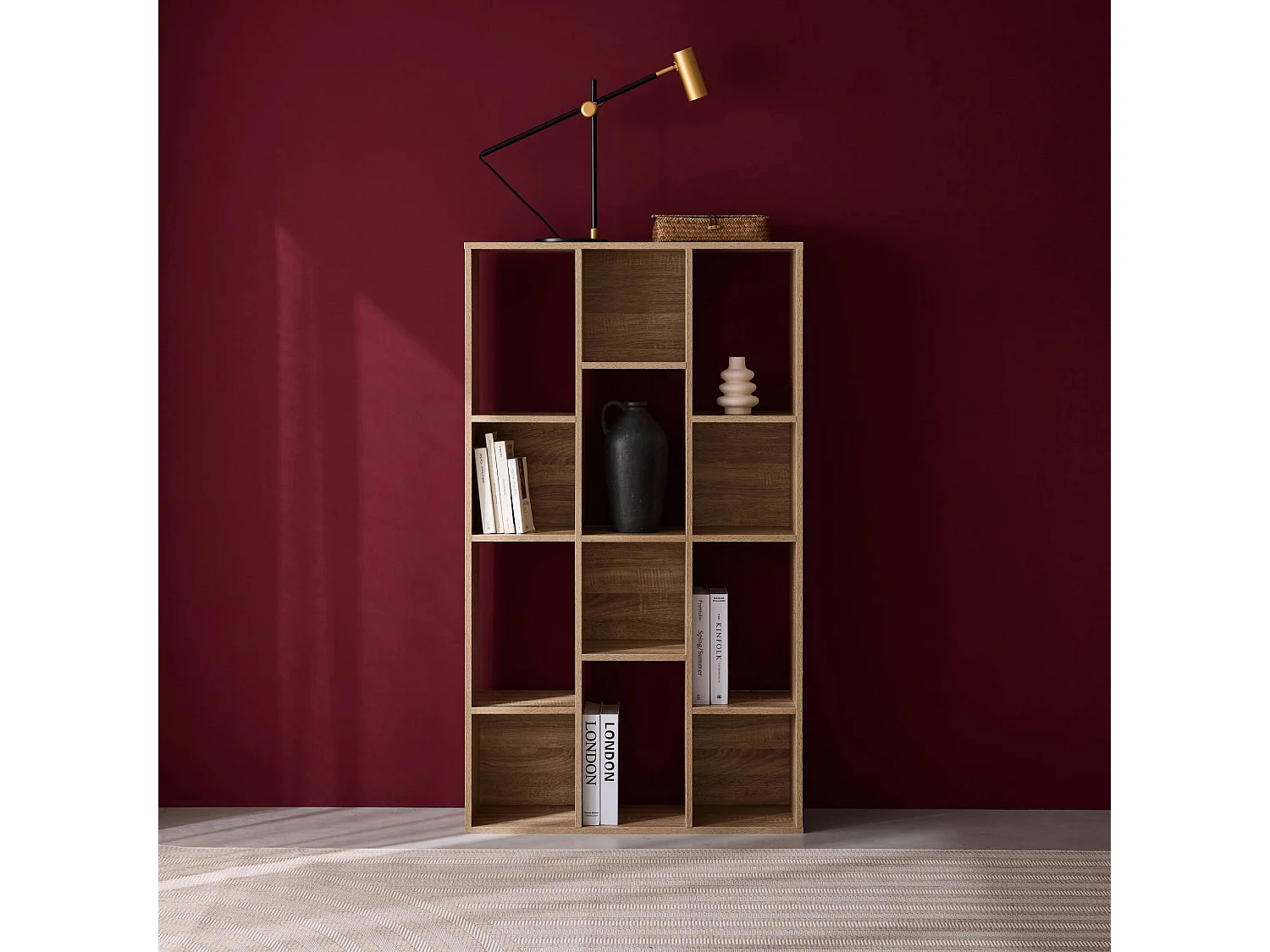 Bibliothèque design asymétrique naturelle. Pieter. 3 étagères. 12 compartiments de rangement