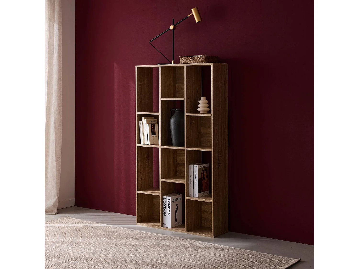 Bibliothèque design asymétrique naturelle. Pieter. 3 étagères. 12 compartiments de rangement