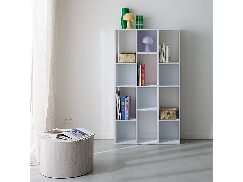 Bibliothèque design asymétrique blanche. Pieter. 3 étagères. 12 compartiments de rangement