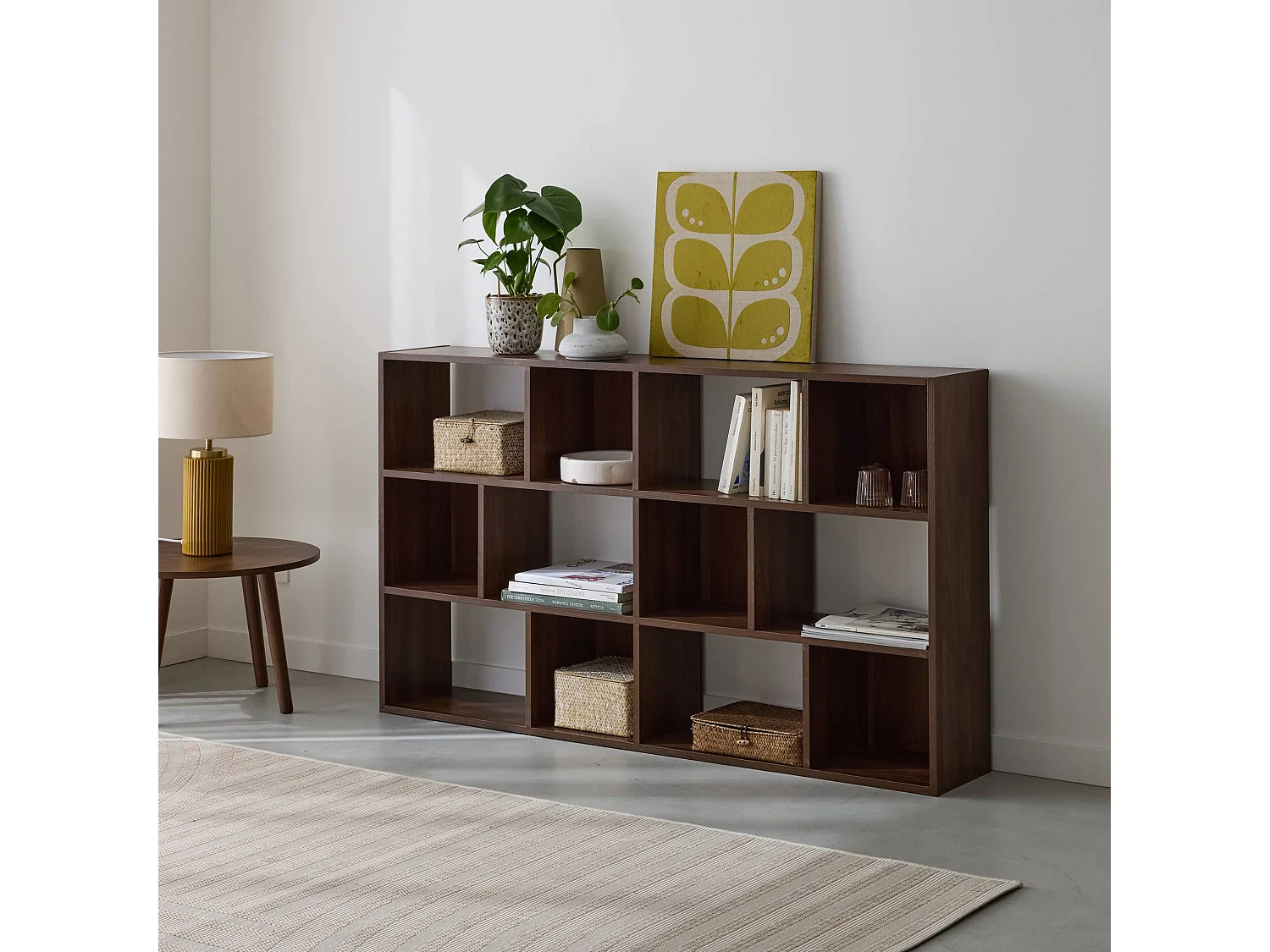 Libreria a 3 livelli con 12 scomparti, noce