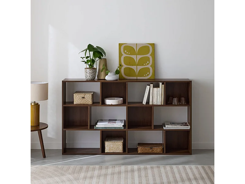 Libreria a 3 livelli con 12 scomparti, noce