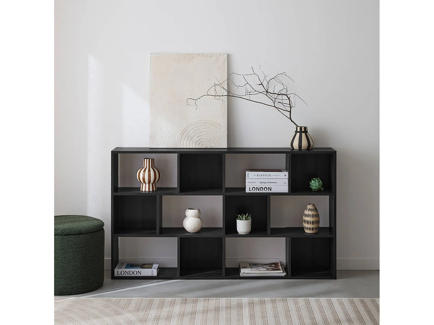 Bibliothèque design asymétrique noire. Pieter. 3 étagères. 12 compartiments de rangement