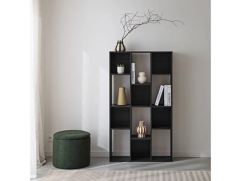 Bibliothèque design asymétrique noire. Pieter. 3 étagères. 12 compartiments de rangement