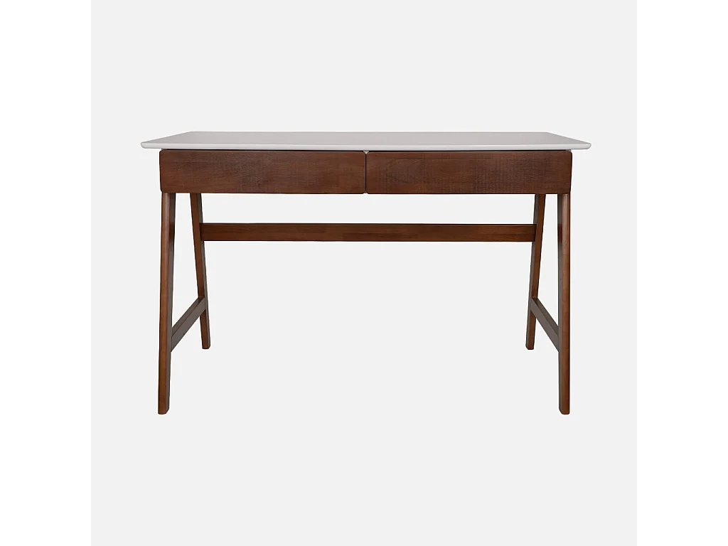 Scrivania decorata in legno di hevea con 2 cassetti, noce