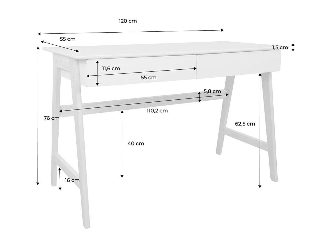Scrivania decorata in legno di hevea con 2 cassetti, noce