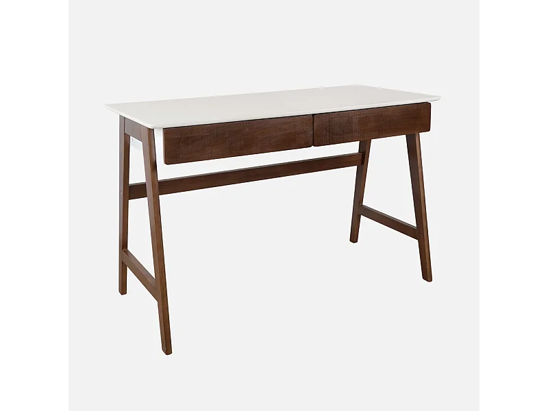 Scrivania decorata in legno di hevea con 2 cassetti, noce