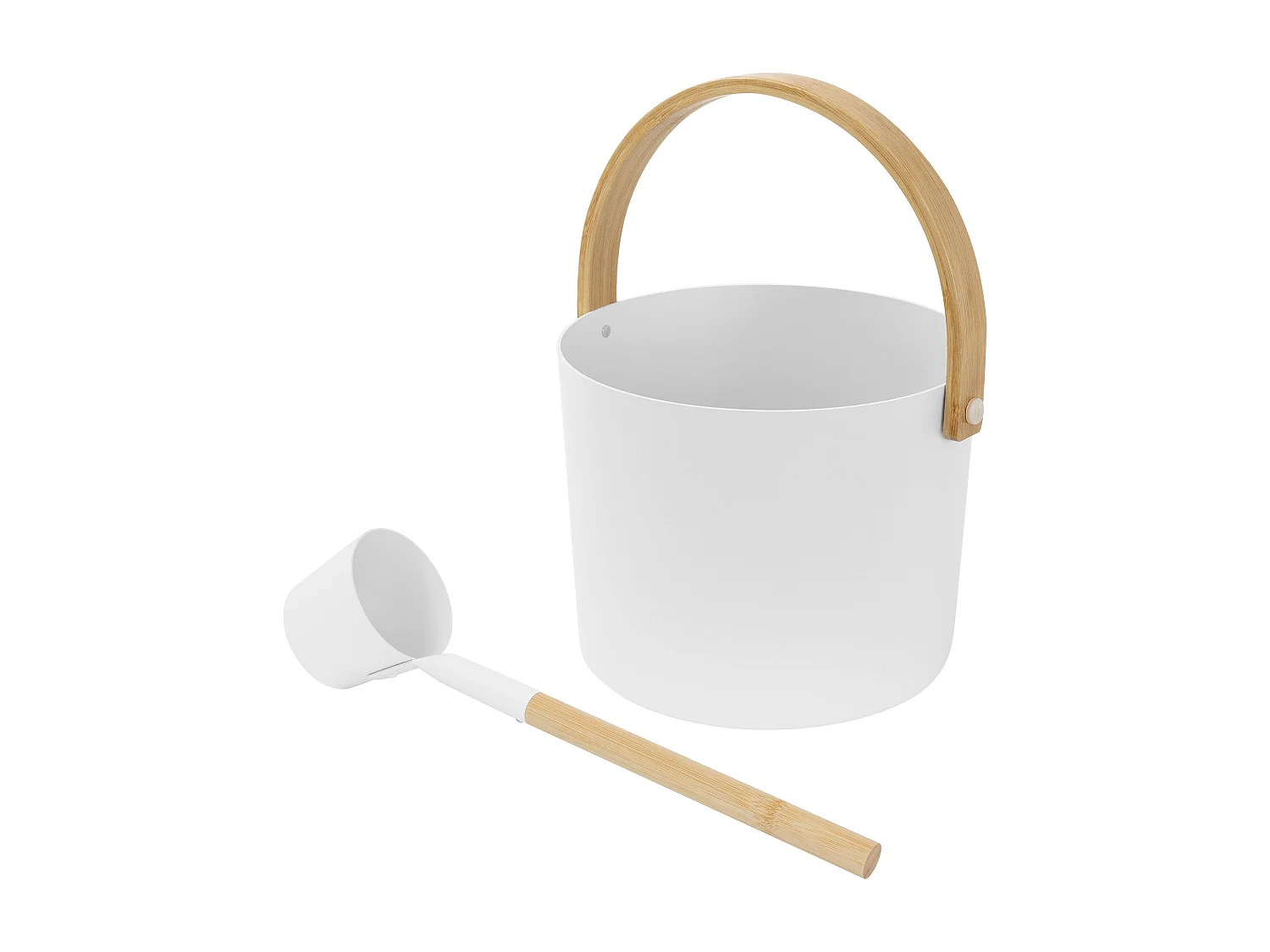Lot de 2 accessoires pour sauna blanc en aluminium et bambou seau d'arrosage avec poignée pliable 6 litres et louche assortie équipement résistant
