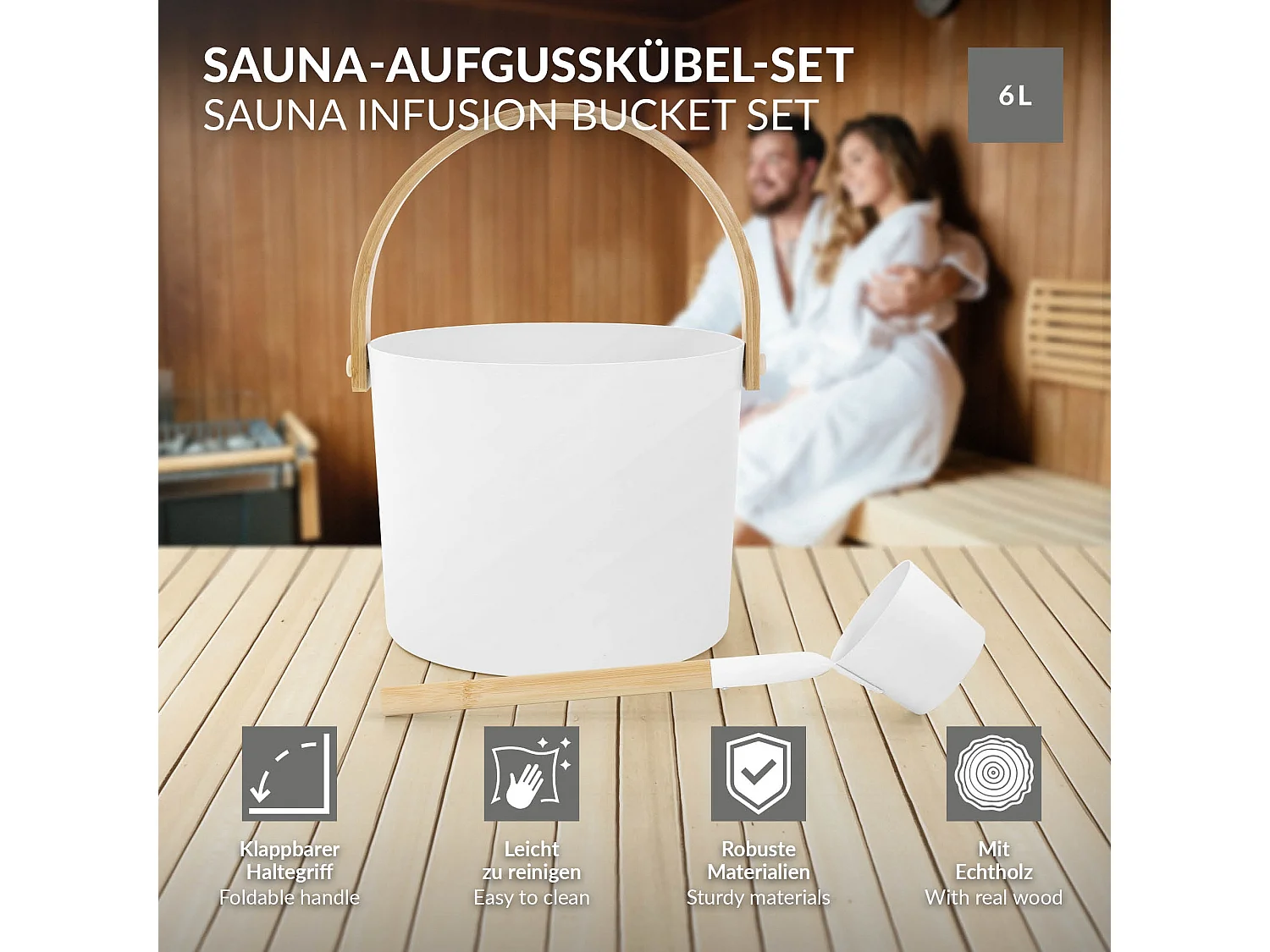 Lot de 2 accessoires pour sauna blanc en aluminium et bambou seau d'arrosage avec poignée pliable 6 litres et louche assortie équipement résistant
