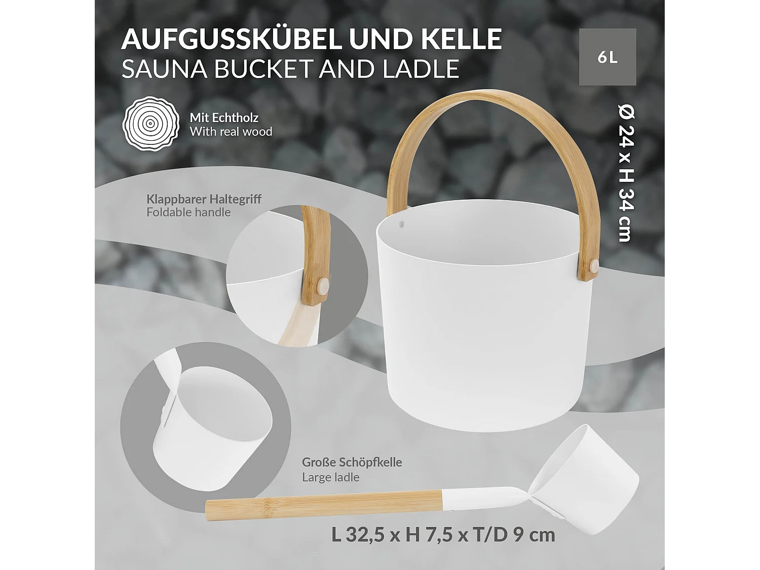 Lot de 2 accessoires pour sauna blanc en aluminium et bambou seau d'arrosage avec poignée pliable 6 litres et louche assortie équipement résistant