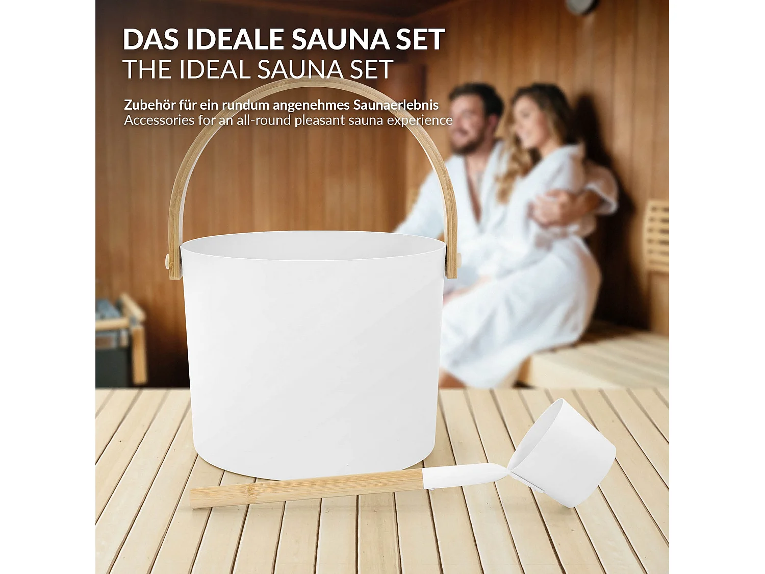 Lot de 2 accessoires pour sauna blanc en aluminium et bambou seau d'arrosage avec poignée pliable 6 litres et louche assortie équipement résistant