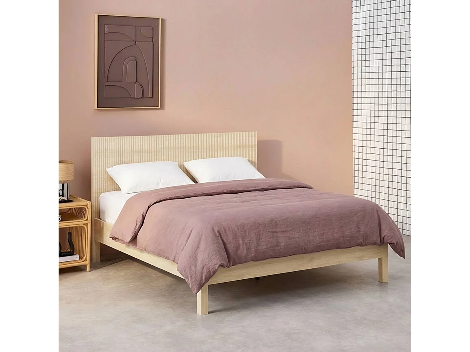 Lit avec sommier à lattes et tête de lit 140x190cm décor bois naturel - Linear