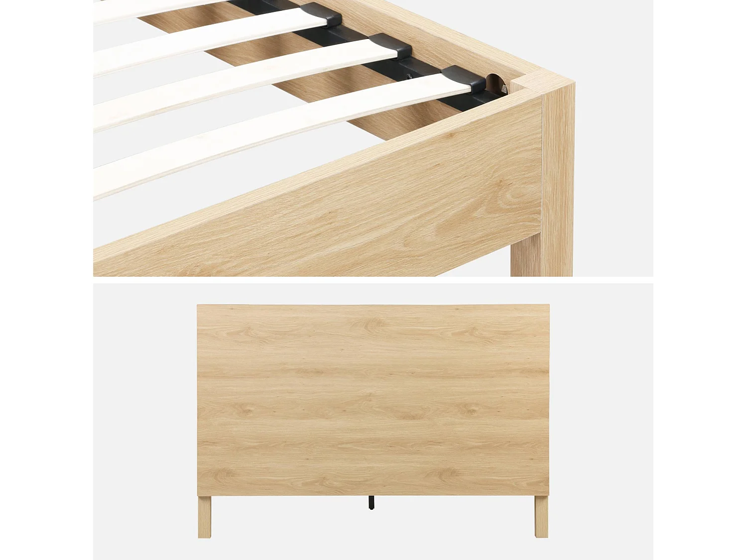 Cama con somier a láminas y cabecero 140x190cm, decoración madera