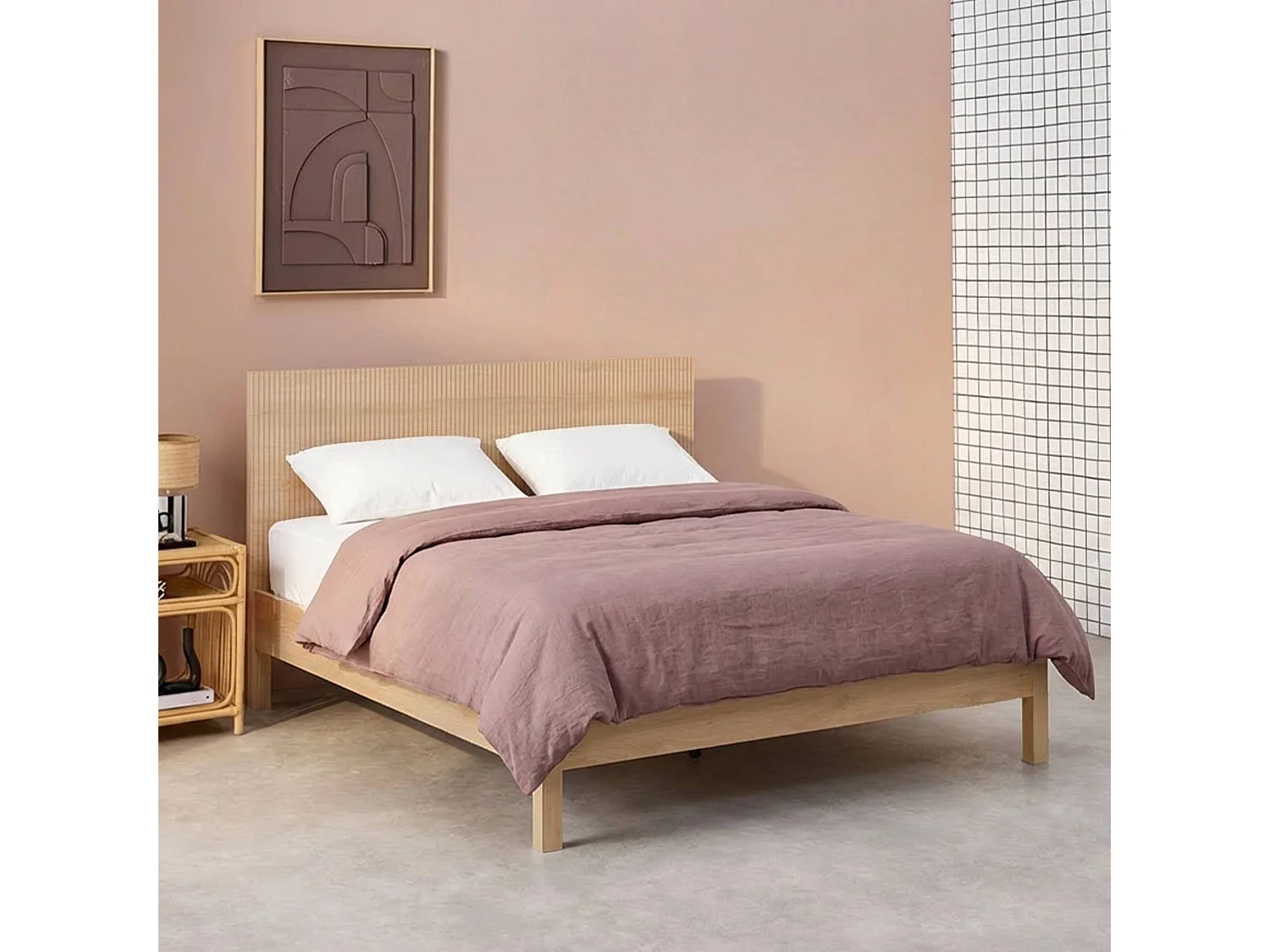Cama con somier a láminas y cabecero 140x190cm, decoración madera