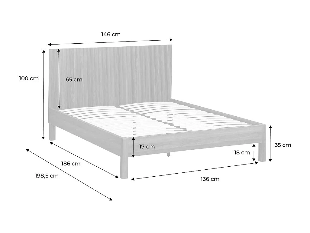 Cama con somier a láminas y cabecero 140x190cm, decoración madera