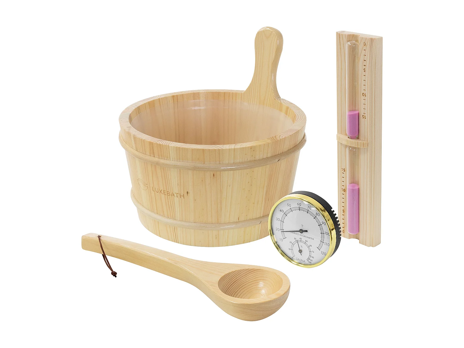 Lot 4 accessoires pour sauna en bois seau 4,5 L doté d'un insert plastique louche assortie thermo hygromètre et sablier 15 minutes équipement durable
