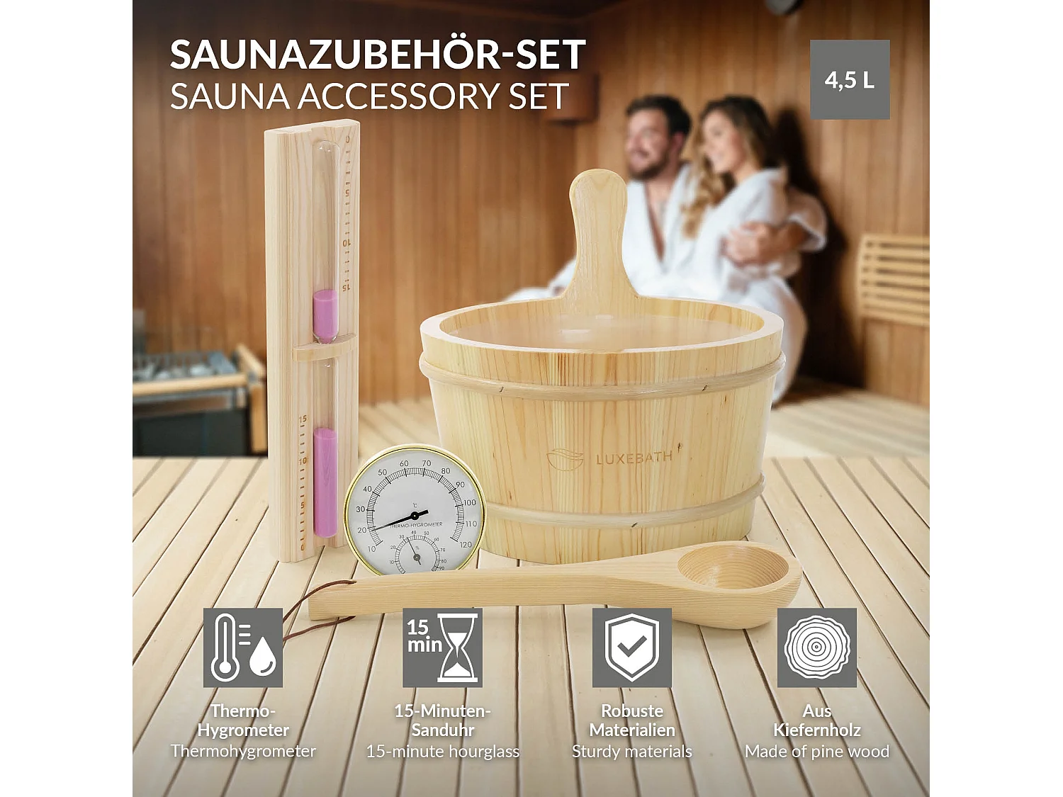 Lot 4 accessoires pour sauna en bois seau 4,5 L doté d'un insert plastique louche assortie thermo hygromètre et sablier 15 minutes équipement durable