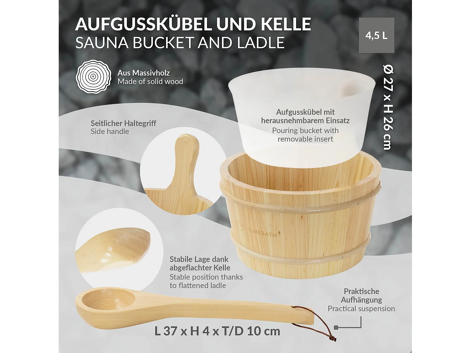 Lot 4 accessoires pour sauna en bois seau 4,5 L doté d'un insert plastique louche assortie thermo hygromètre et sablier 15 minutes équipement durable