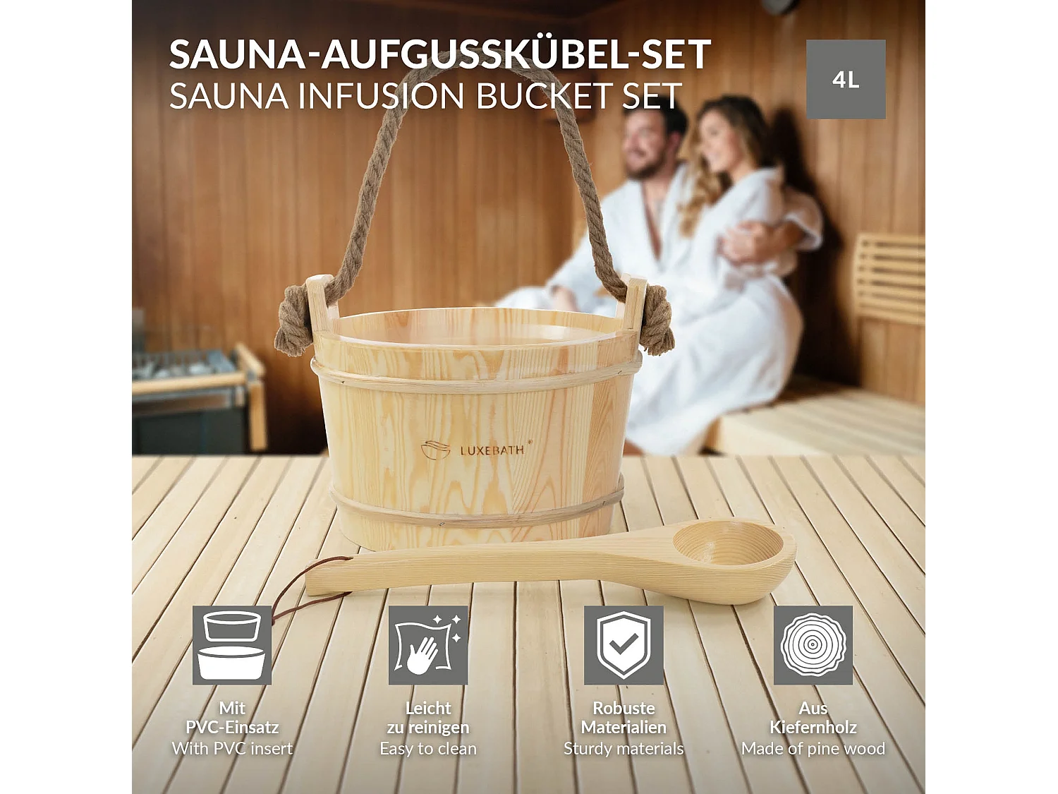 Lot de 2 accessoires pour sauna naturel en bois de pin seau d'arrosage 4 litres à insert de plastique et corde louche assortie équipement résistant