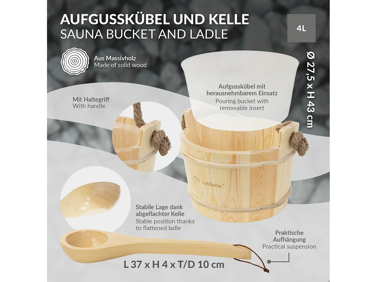 Lot de 2 accessoires pour sauna naturel en bois de pin seau d'arrosage 4 litres à insert de plastique et corde louche assortie équipement résistant