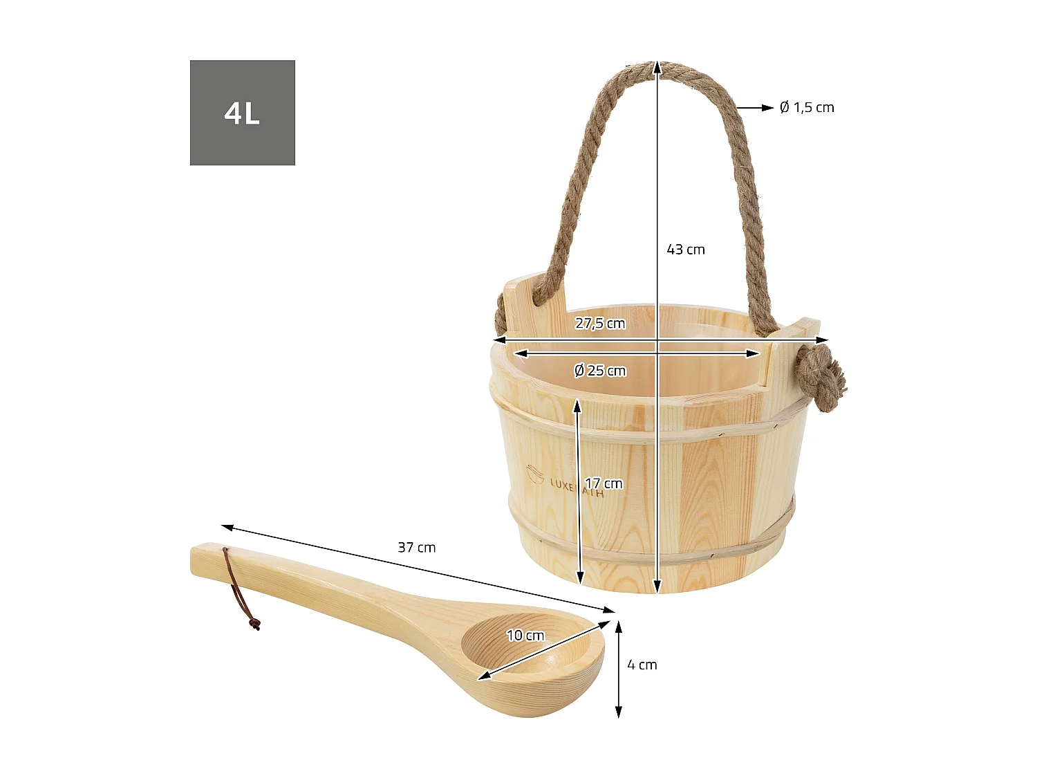 Lot de 2 accessoires pour sauna naturel en bois de pin seau d'arrosage 4 litres à insert de plastique et corde louche assortie équipement résistant