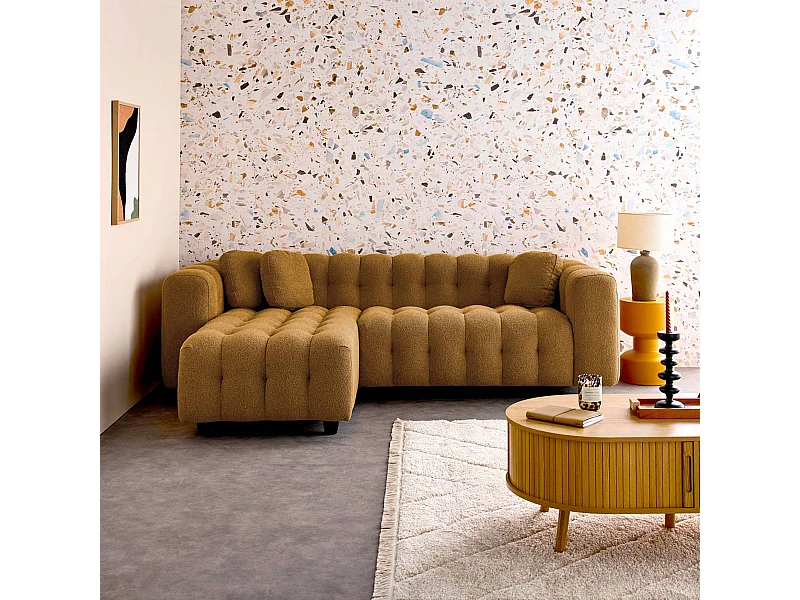 Canapé d'angle réversible 3-4 places bouclette texturée. moutarde. capitonné structure bois d'eucalyptus et contreplaqué