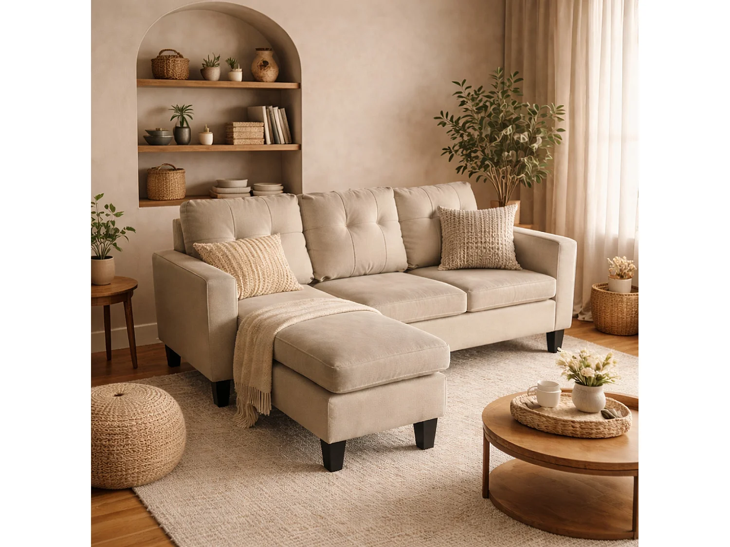 Canapé d'angle 3 places en tissu beige BELFAST