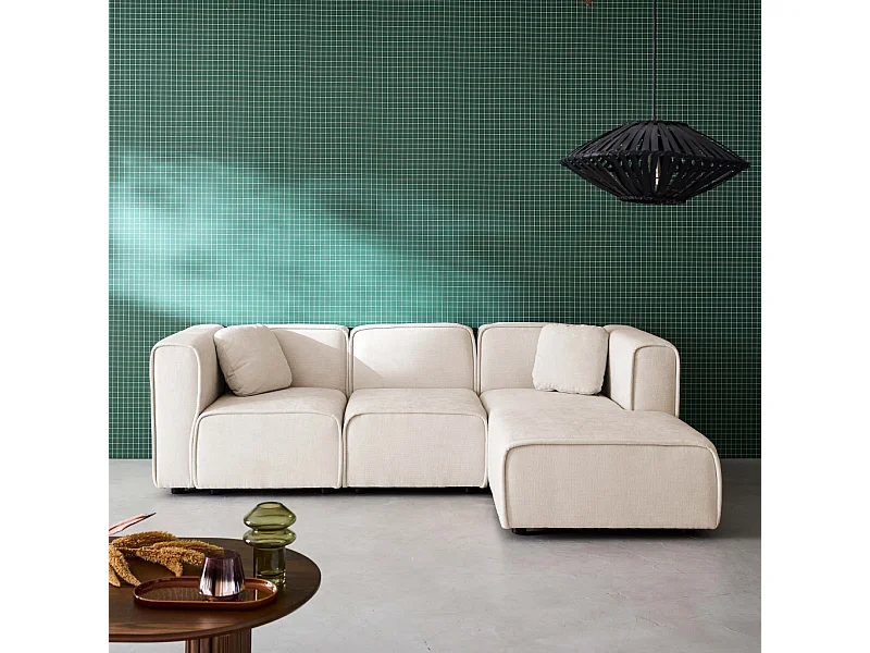 Divano angolare destro in tessuto, 3 posti, beige