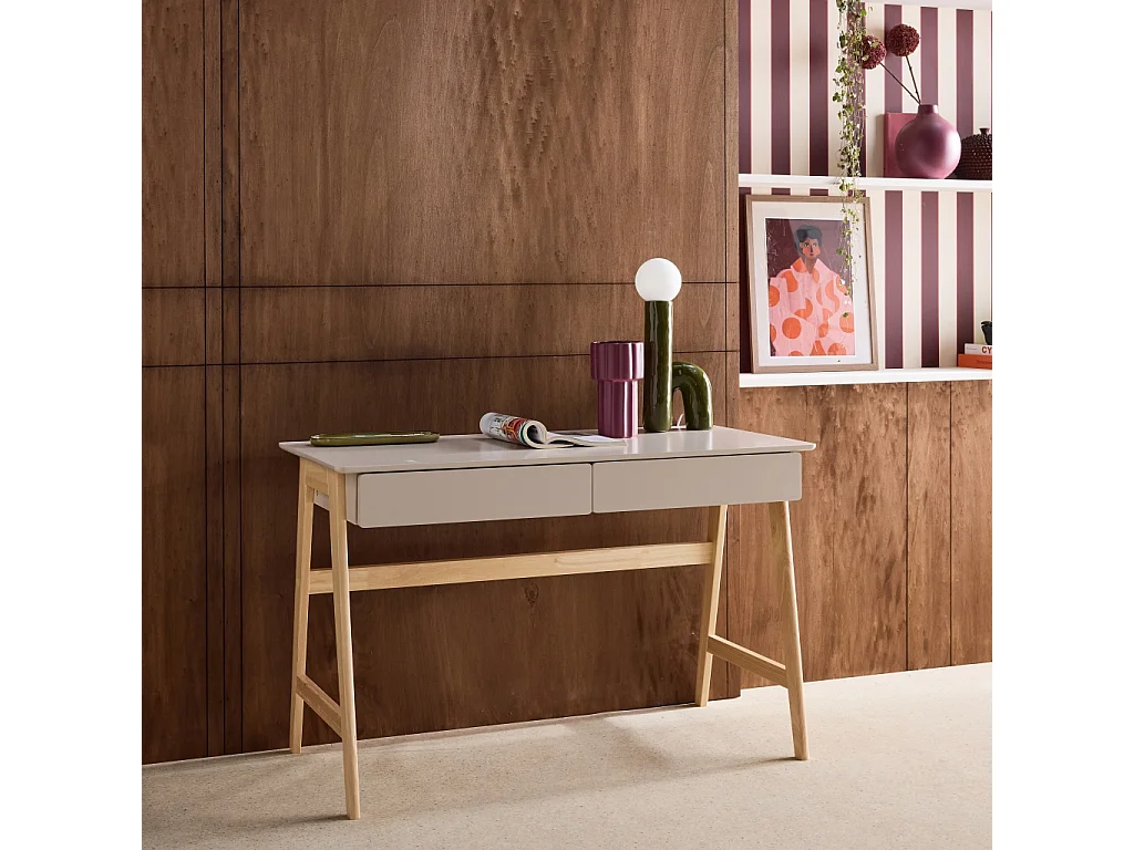 Scrivania decorata in legno di hevea con 2 cassetti, marrone naturale