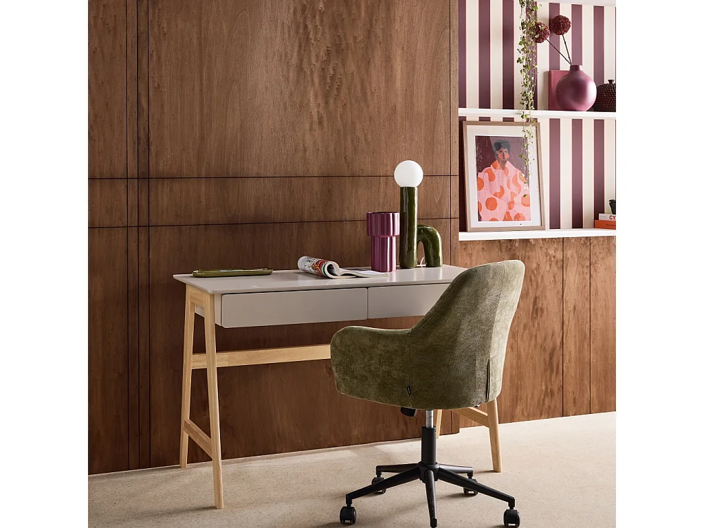 Scrivania decorata in legno di hevea con 2 cassetti, marrone naturale