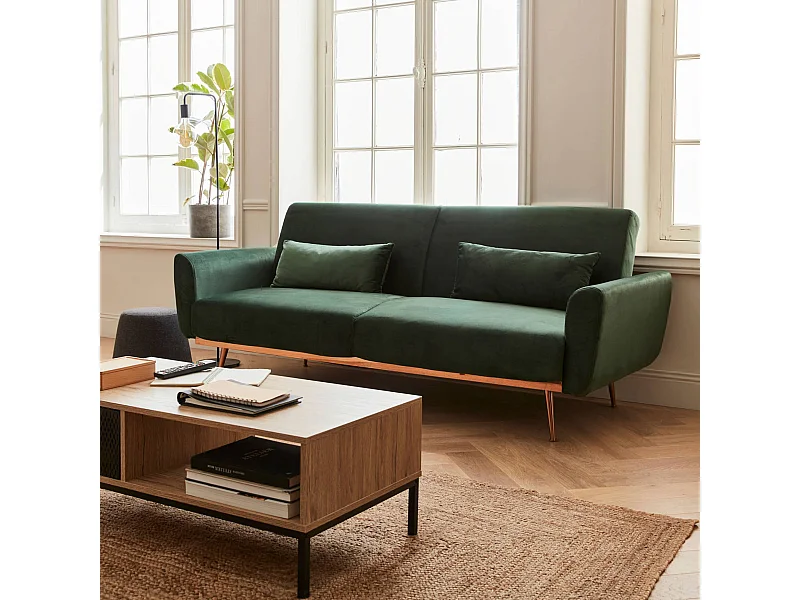 Canapé convertible design en velours - Oskar - 2 - 3 places scandinave droit avec pieds fins or rose