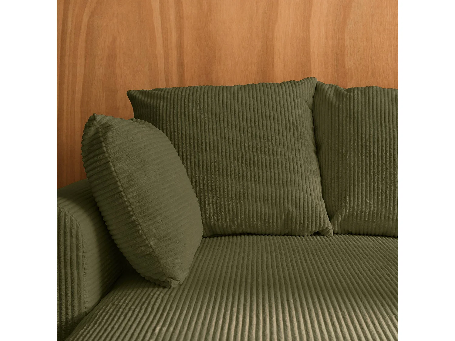 Canapé d'angle convertible réversible 3 places velours côtelé kaki avec coffre de rangement - Almo